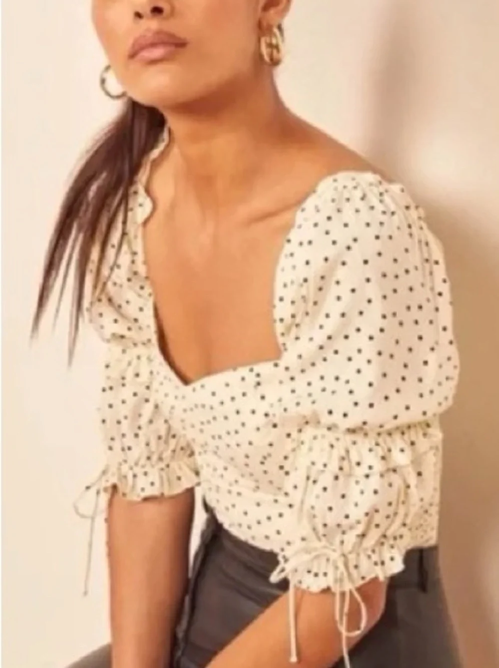 Reformation Nina Cream Nina Polka Dot Puff Sleeve Smocked Top 39249